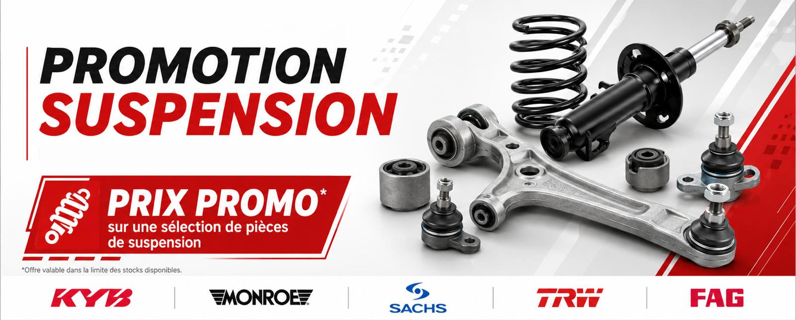 Promotion suspension : prix promo sur une sélection de pièces de suspension KYB, Monroe, Sachs, TRW et FAG